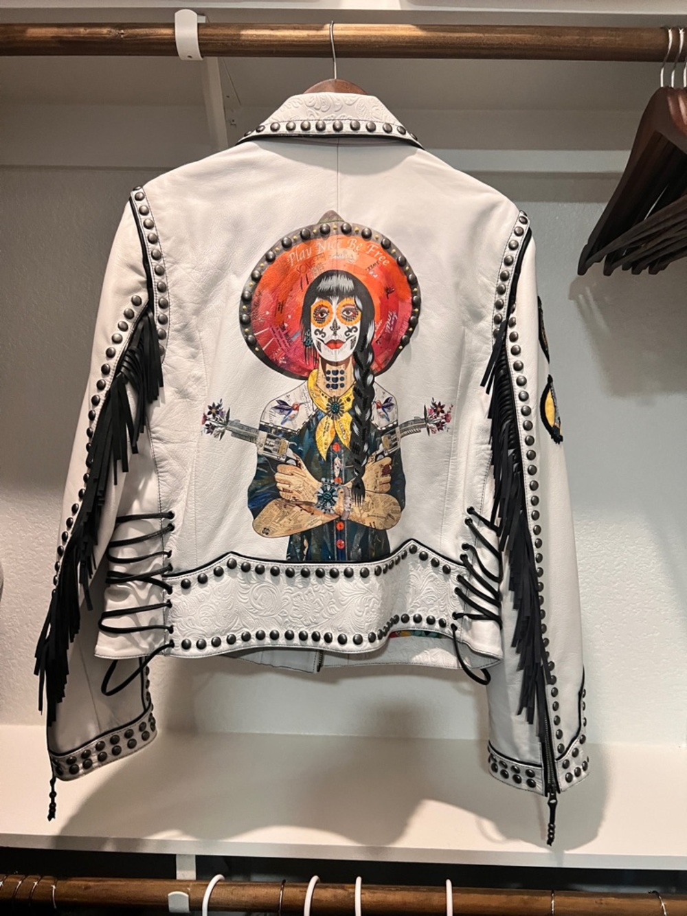 Double D Ranch White Señorita Studded Leather Jacket with Colorful Patch Accents - Picture 2 of 5